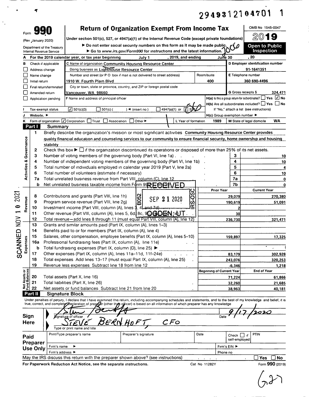 Image of first page of 2019 Form 990O for Lighthouse Resource Center