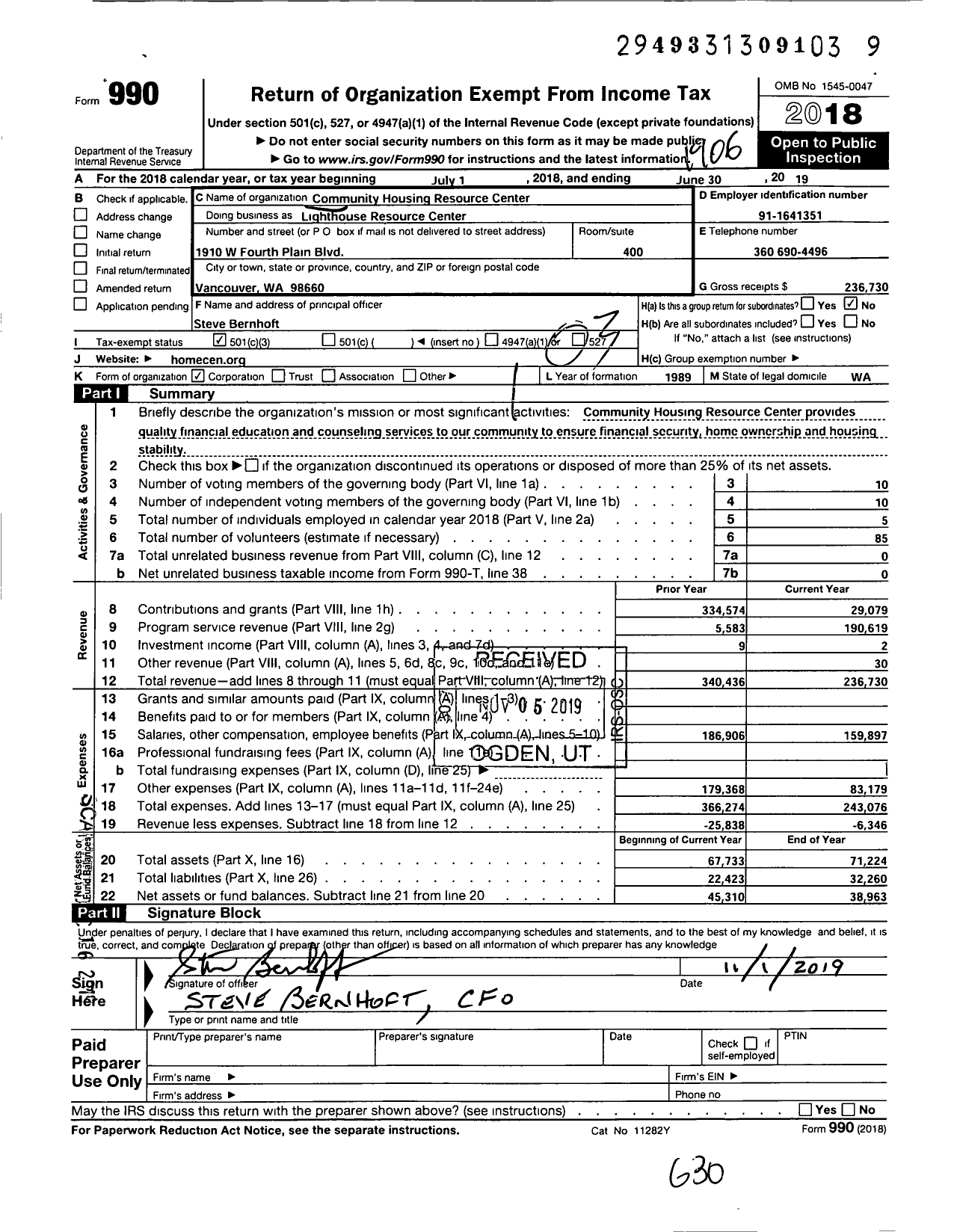 Image of first page of 2018 Form 990 for Lighthouse Resource Center