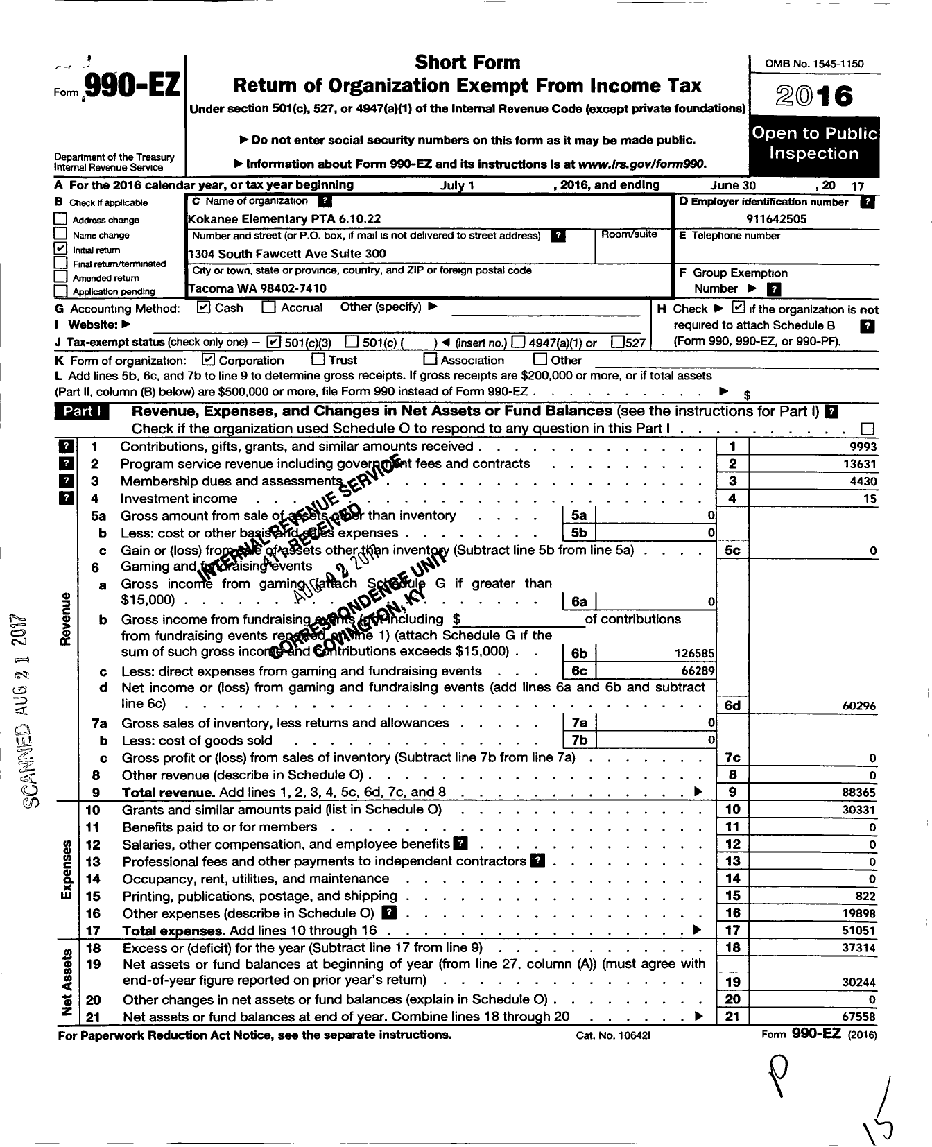 Image of first page of 2016 Form 990EZ for Kokanee Elementary PTA