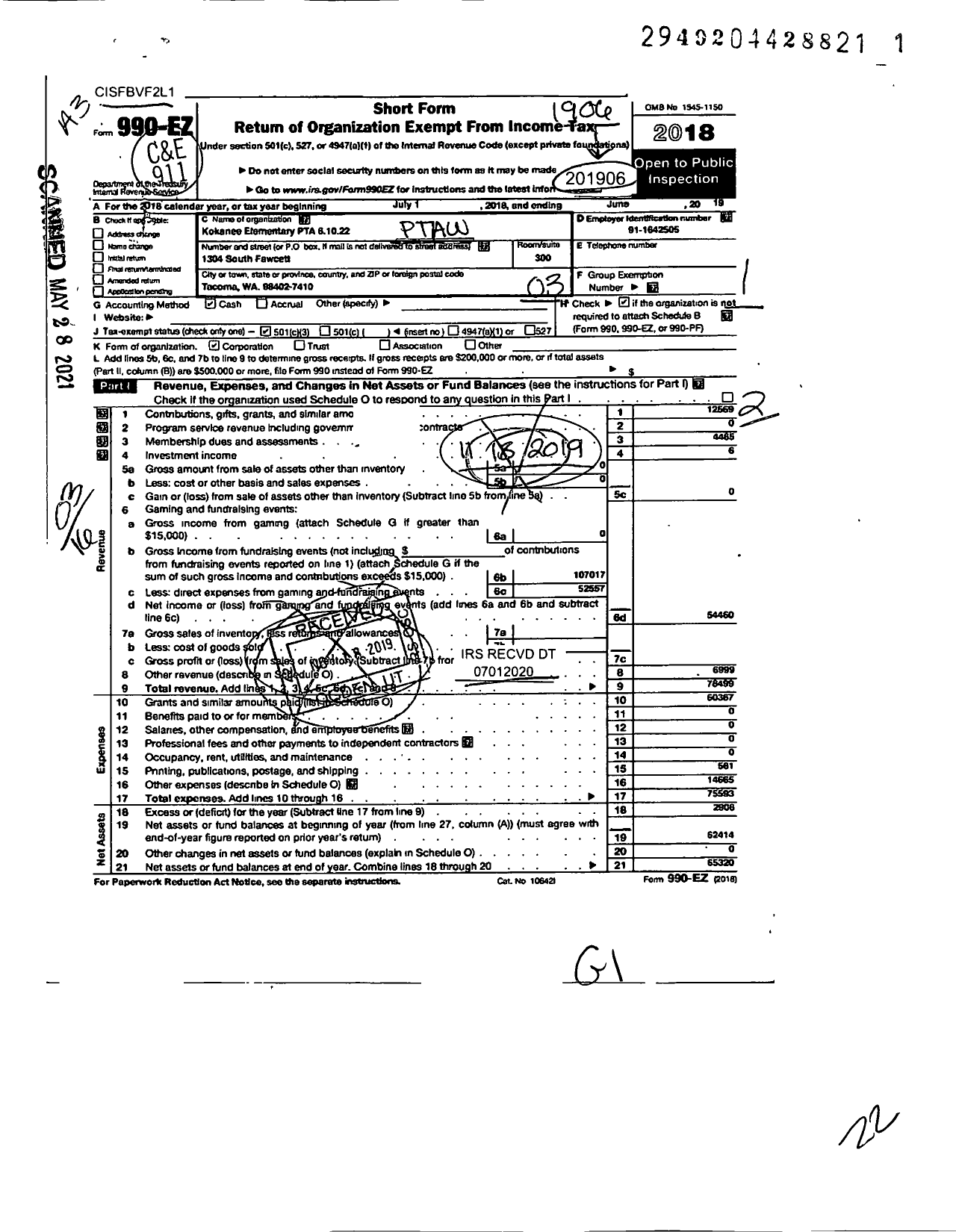 Image of first page of 2018 Form 990EZ for Kokanee Elementary PTA