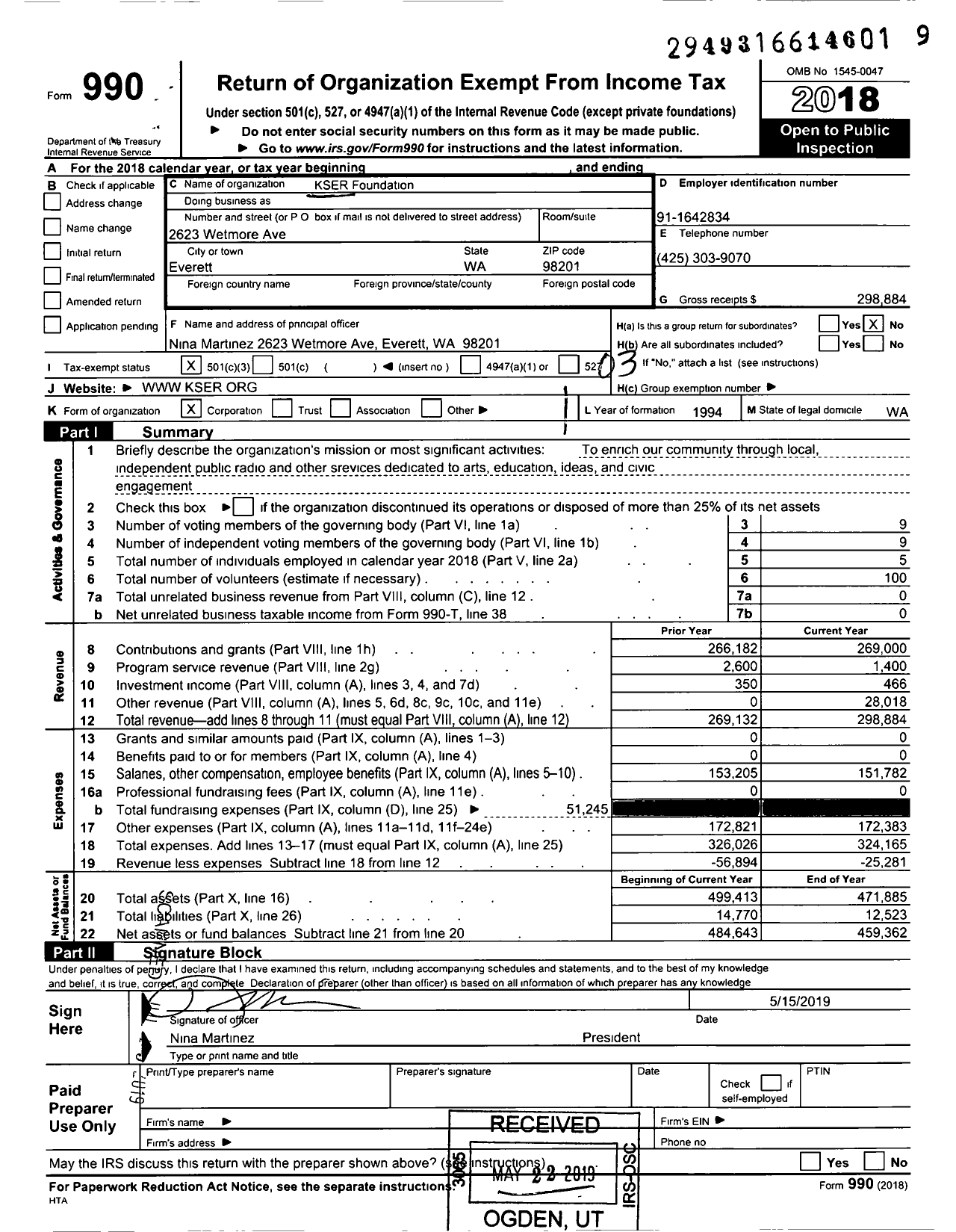 Image of first page of 2018 Form 990 for KSER Foundation