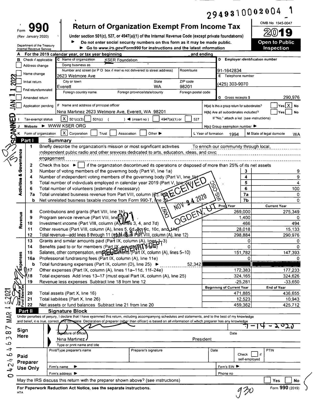 Image of first page of 2019 Form 990 for KSER Foundation