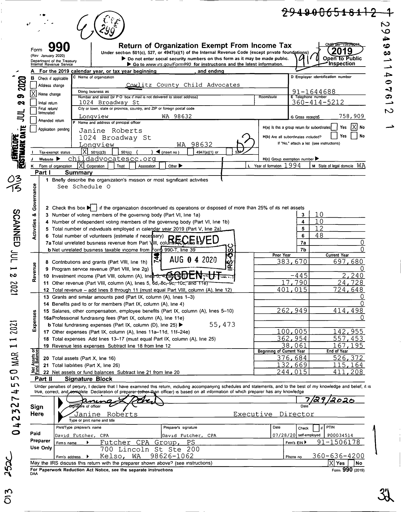 Image of first page of 2019 Form 990 for Cowlitz County Child Advocates