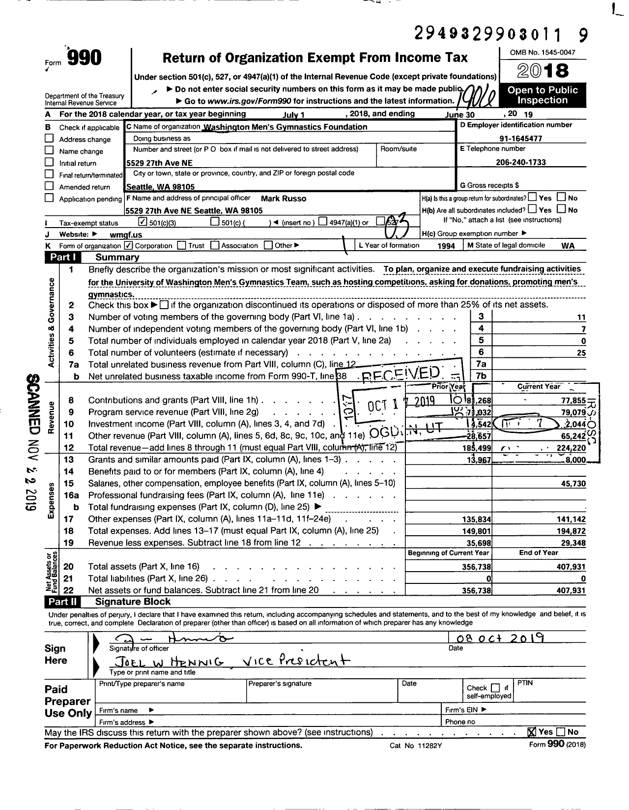 Image of first page of 2018 Form 990 for Washington Mens Gymnastics Foundation