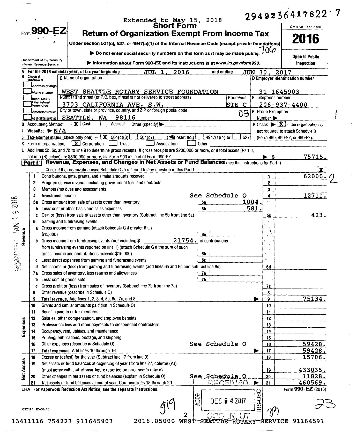 Image of first page of 2016 Form 990EZ for West Seattle Rotary Service Foundation