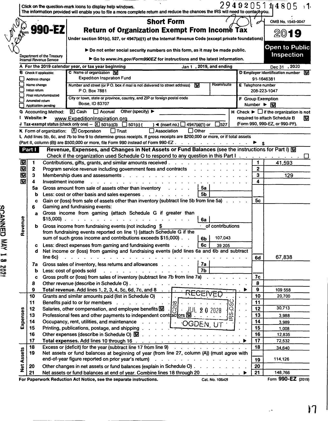 Image of first page of 2020 Form 990EZ for Expedition Inspiration Fund