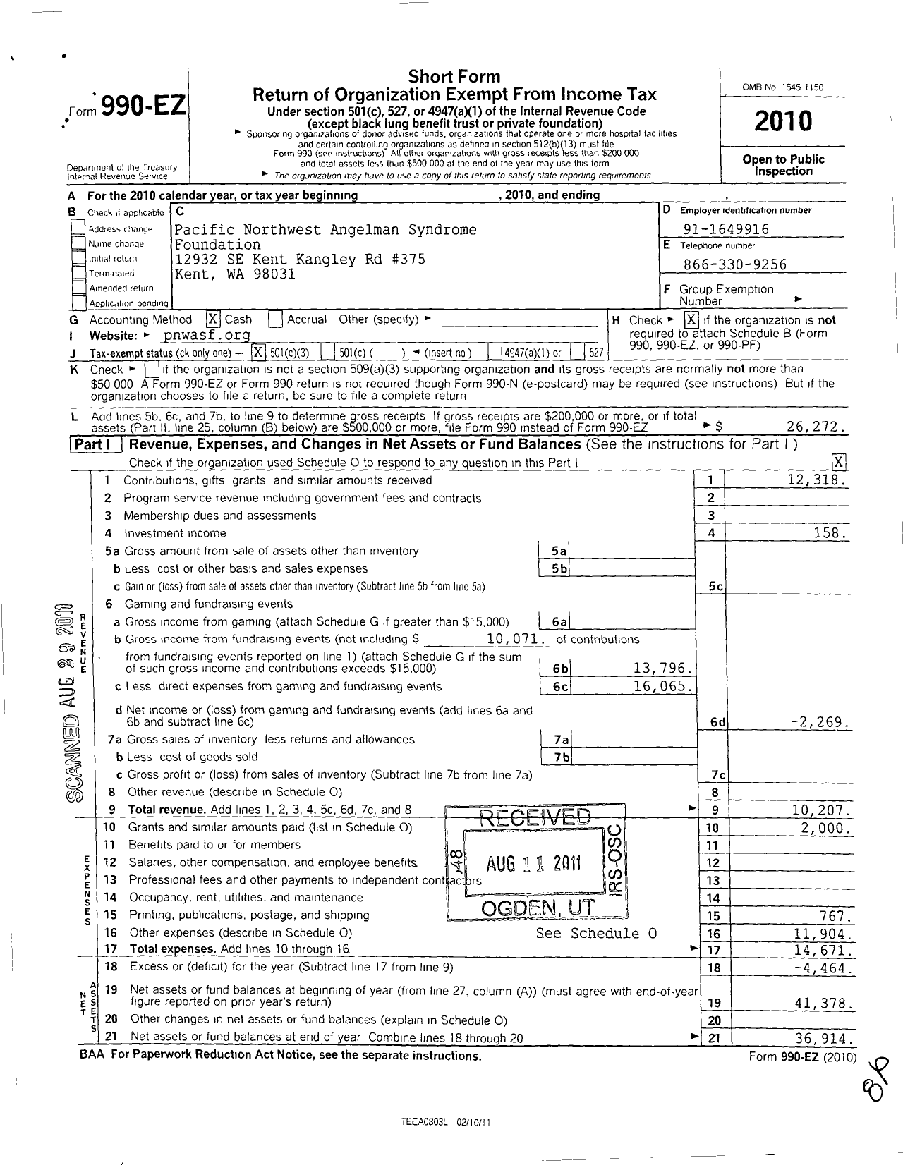 Image of first page of 2010 Form 990EZ for Pacific Northwest Angelman Syndrome Foundation
