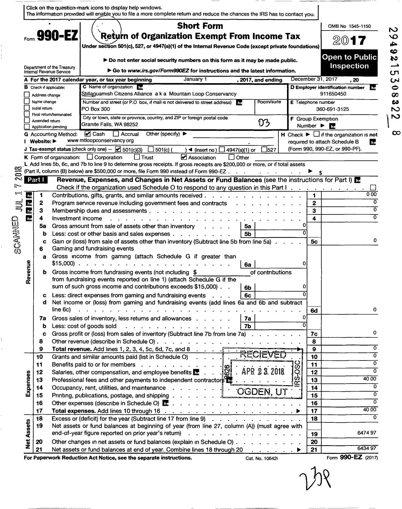 Image of first page of 2017 Form 990EZ for Stillaguamish Citizens Alliance