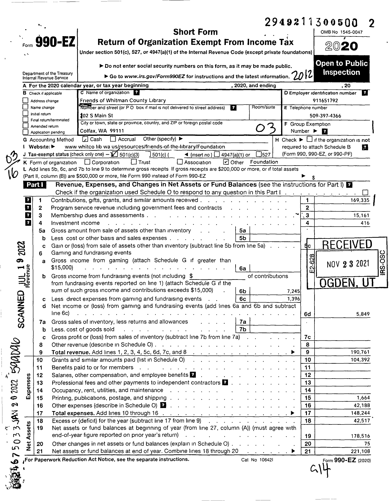 Image of first page of 2020 Form 990EZ for Friends of Whitman County Library