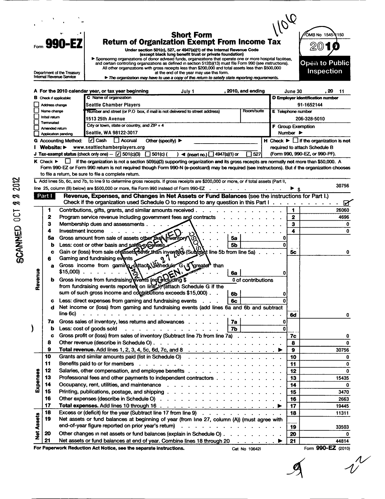 Image of first page of 2010 Form 990EZ for Seattle Chamber Players