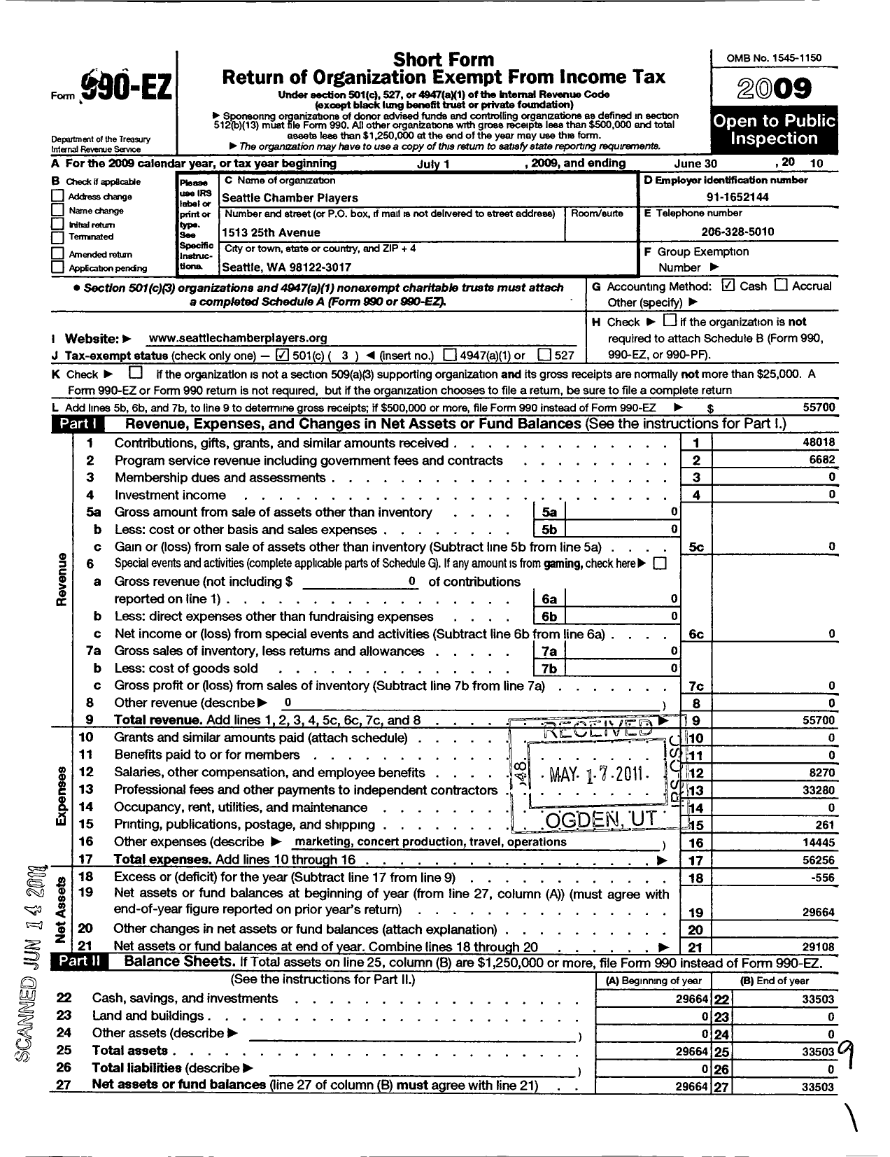 Image of first page of 2009 Form 990EZ for Seattle Chamber Players