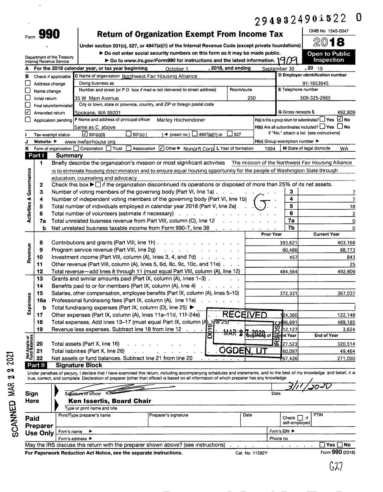 Image of first page of 2018 Form 990 for Northwest Fair Housing Alliance