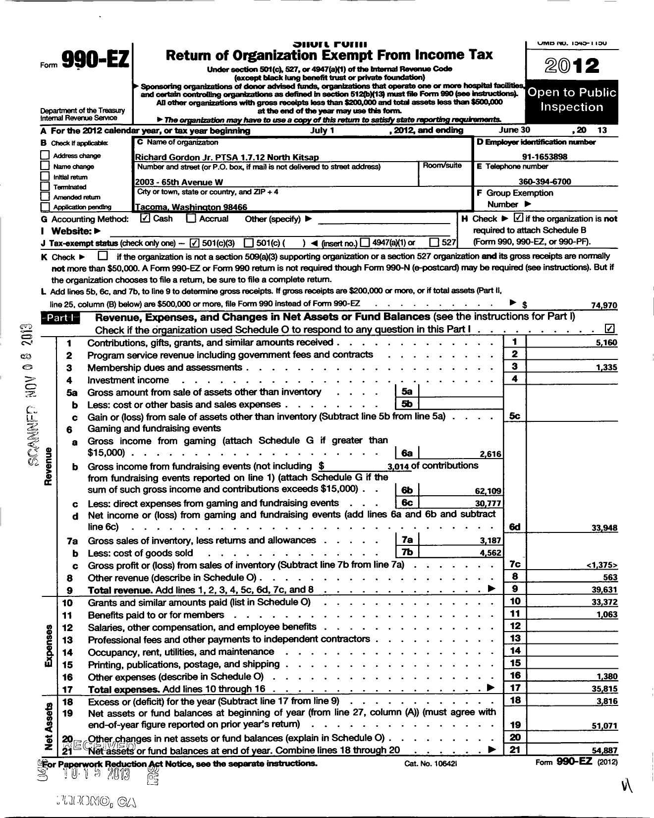 Image of first page of 2012 Form 990EZ for Richard Gordon Jr PTA