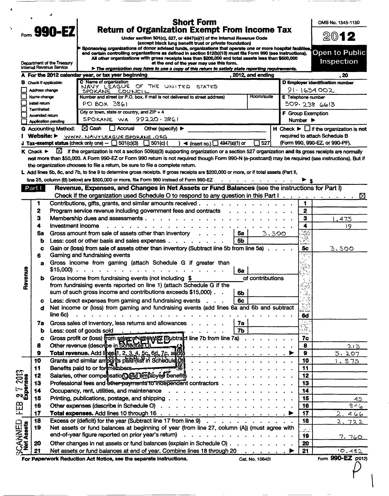 Image of first page of 2012 Form 990EO for Navy League of the United States Spokane Council