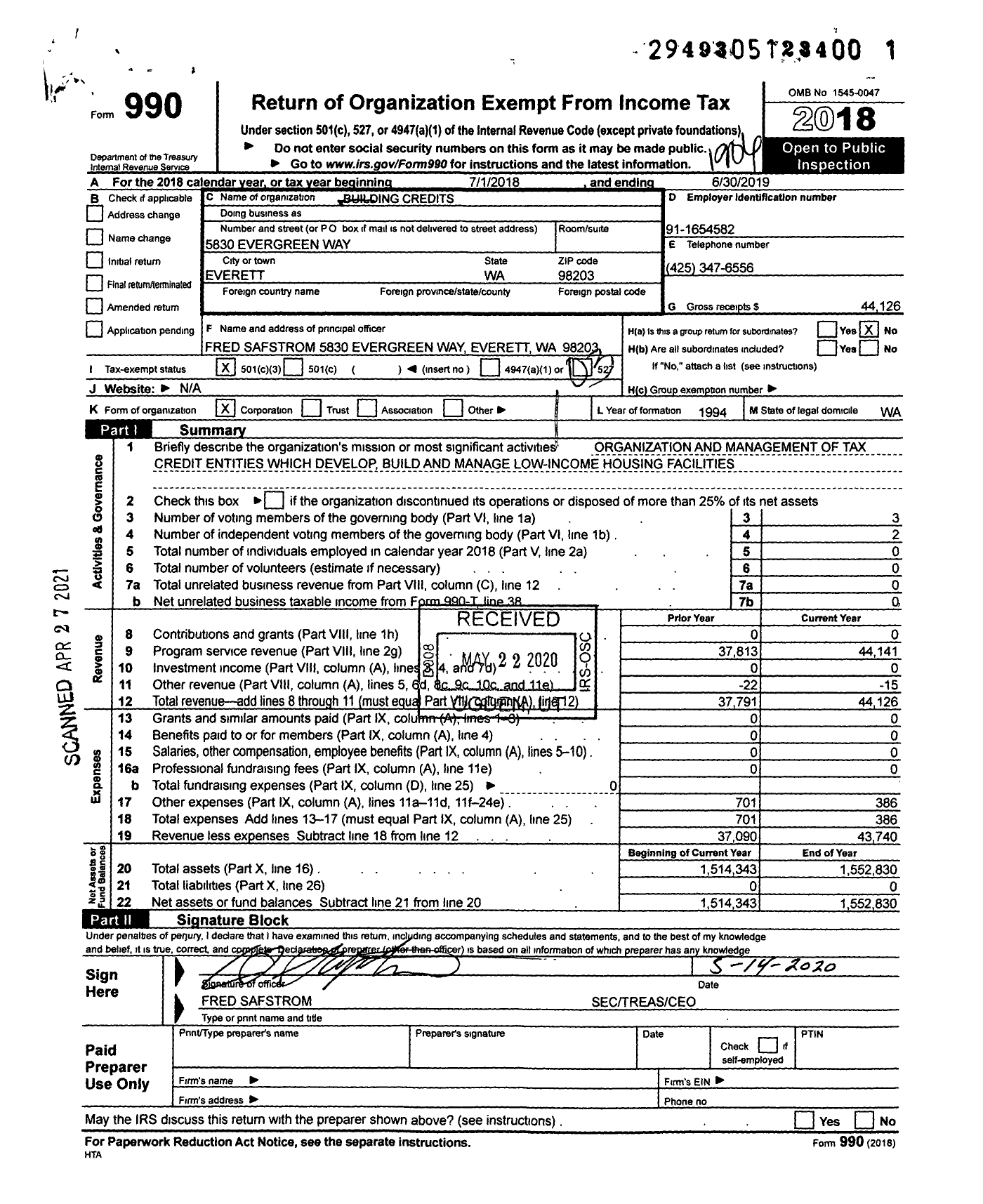 Image of first page of 2018 Form 990 for Building Credits