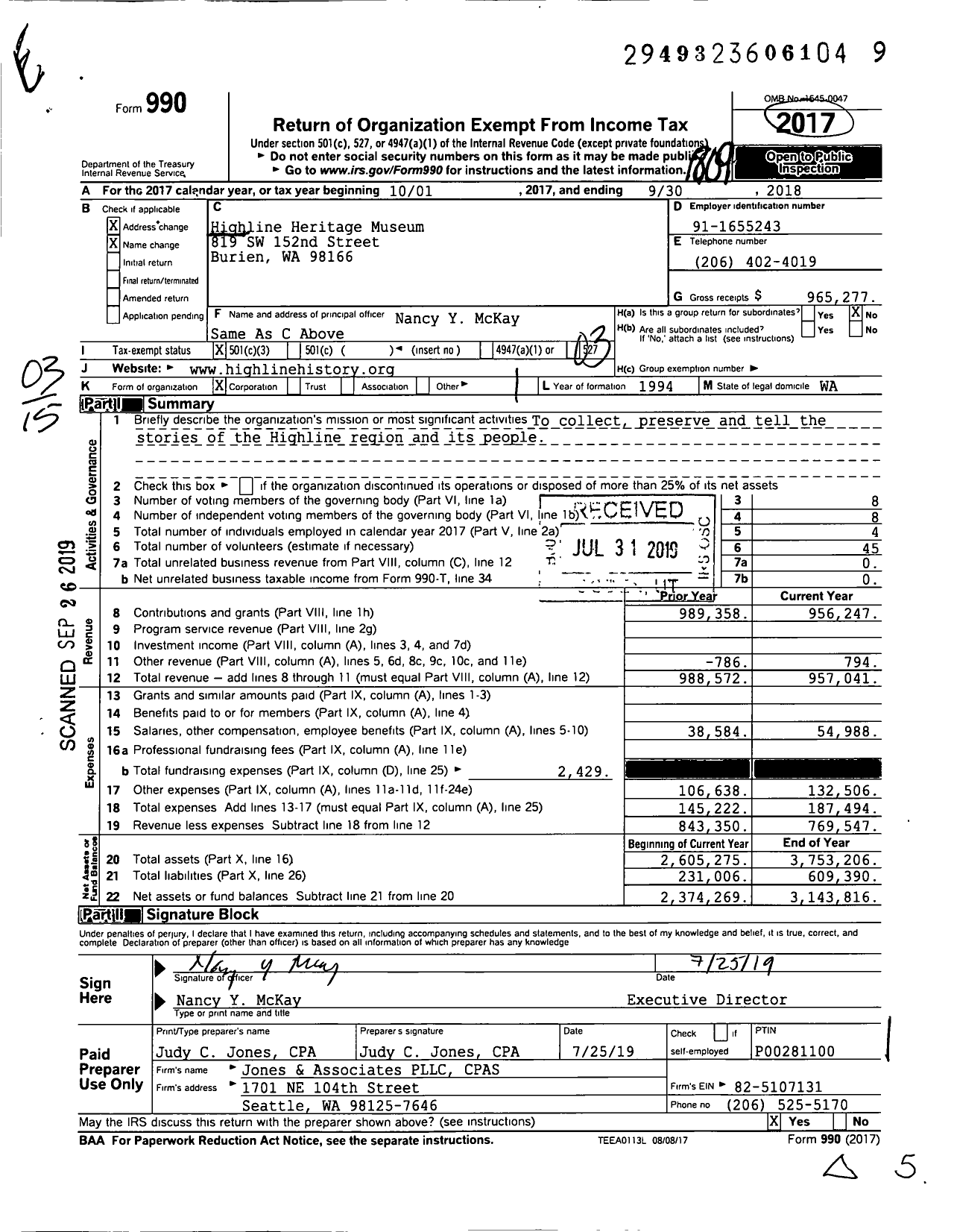 Image of first page of 2017 Form 990 for Highline Heritage Museum