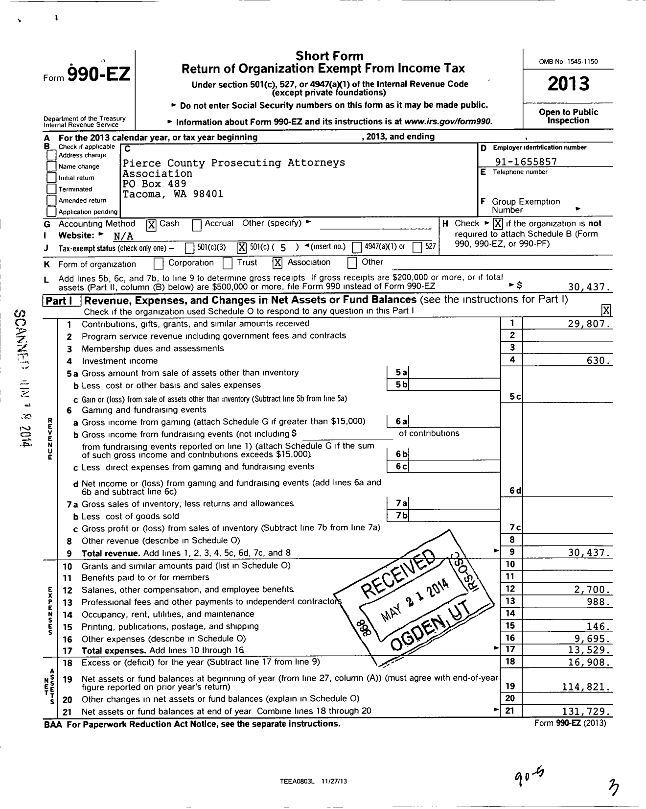 Image of first page of 2013 Form 990EO for Pierce County Prosecuting Attorneys Association