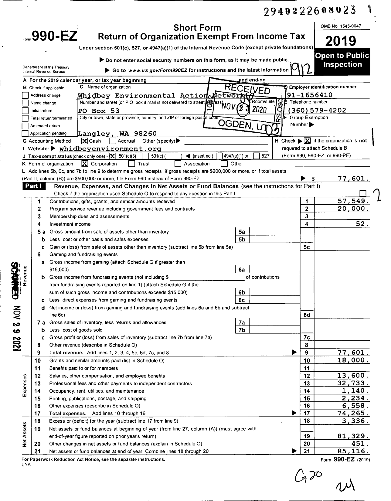 Image of first page of 2019 Form 990EZ for Whidbey Environmental Action Network