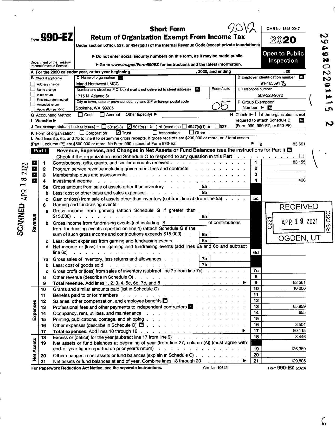 Image of first page of 2020 Form 990EO for Inland Northwest LMCC