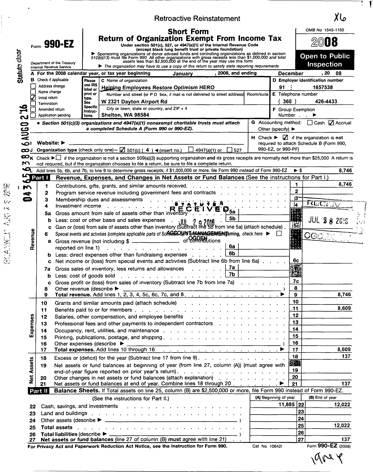 Image of first page of 2008 Form 990EO for Washington Corrections Center Employee Association