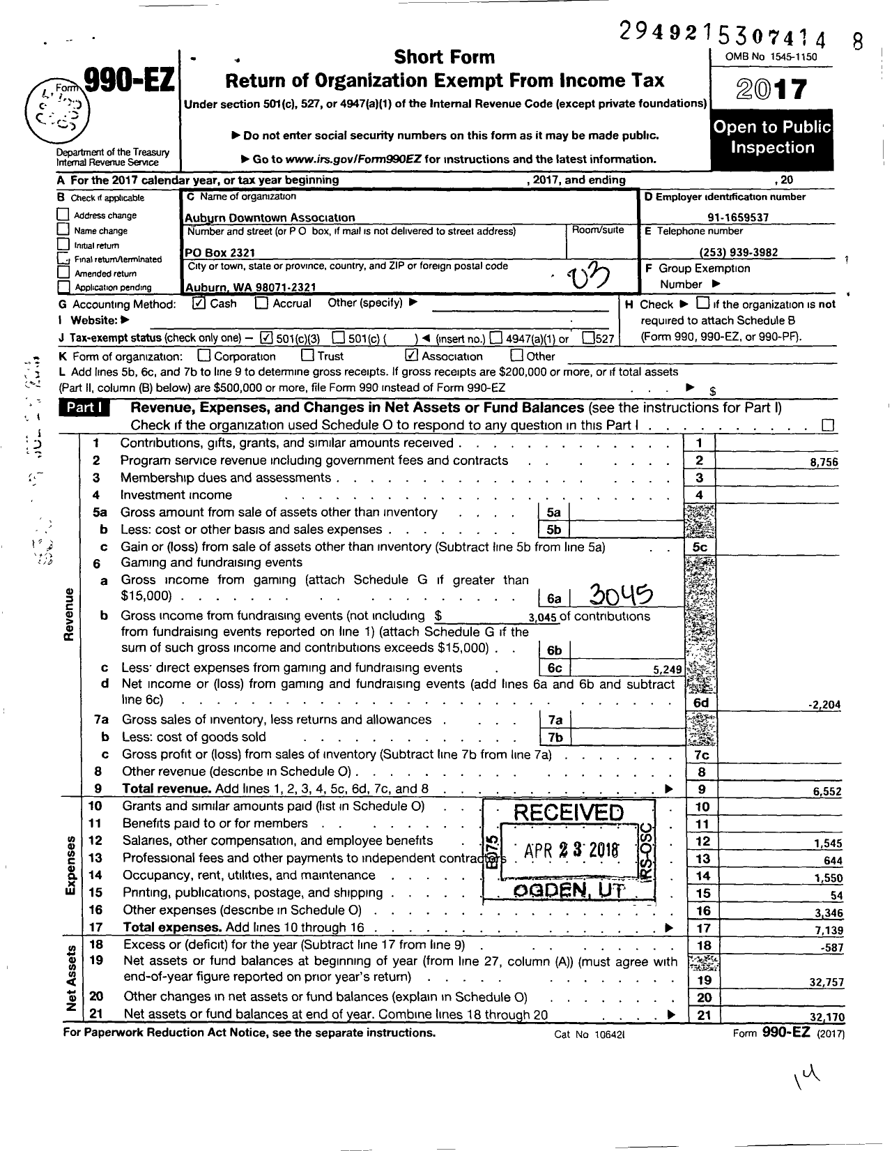 Image of first page of 2017 Form 990EZ for Downtown Auburn Cooperative