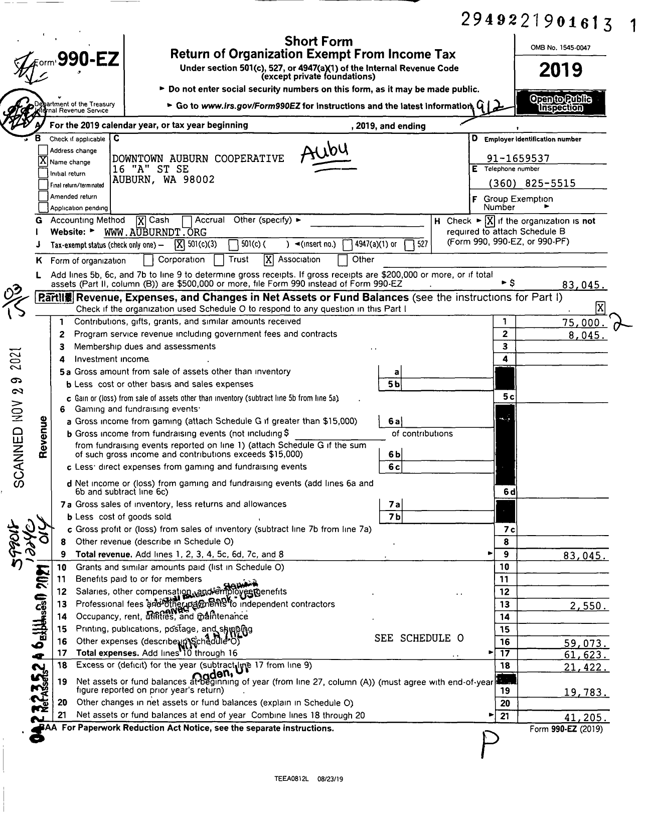 Image of first page of 2019 Form 990EZ for Downtown Auburn Cooperative
