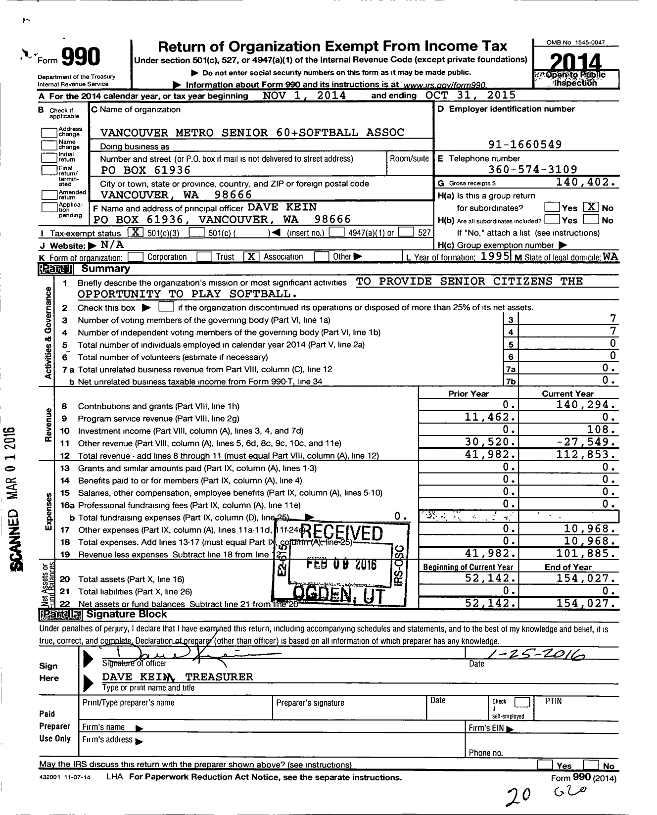 Image of first page of 2014 Form 990 for Vancouver Metro Senior 60 Plus Softball Association