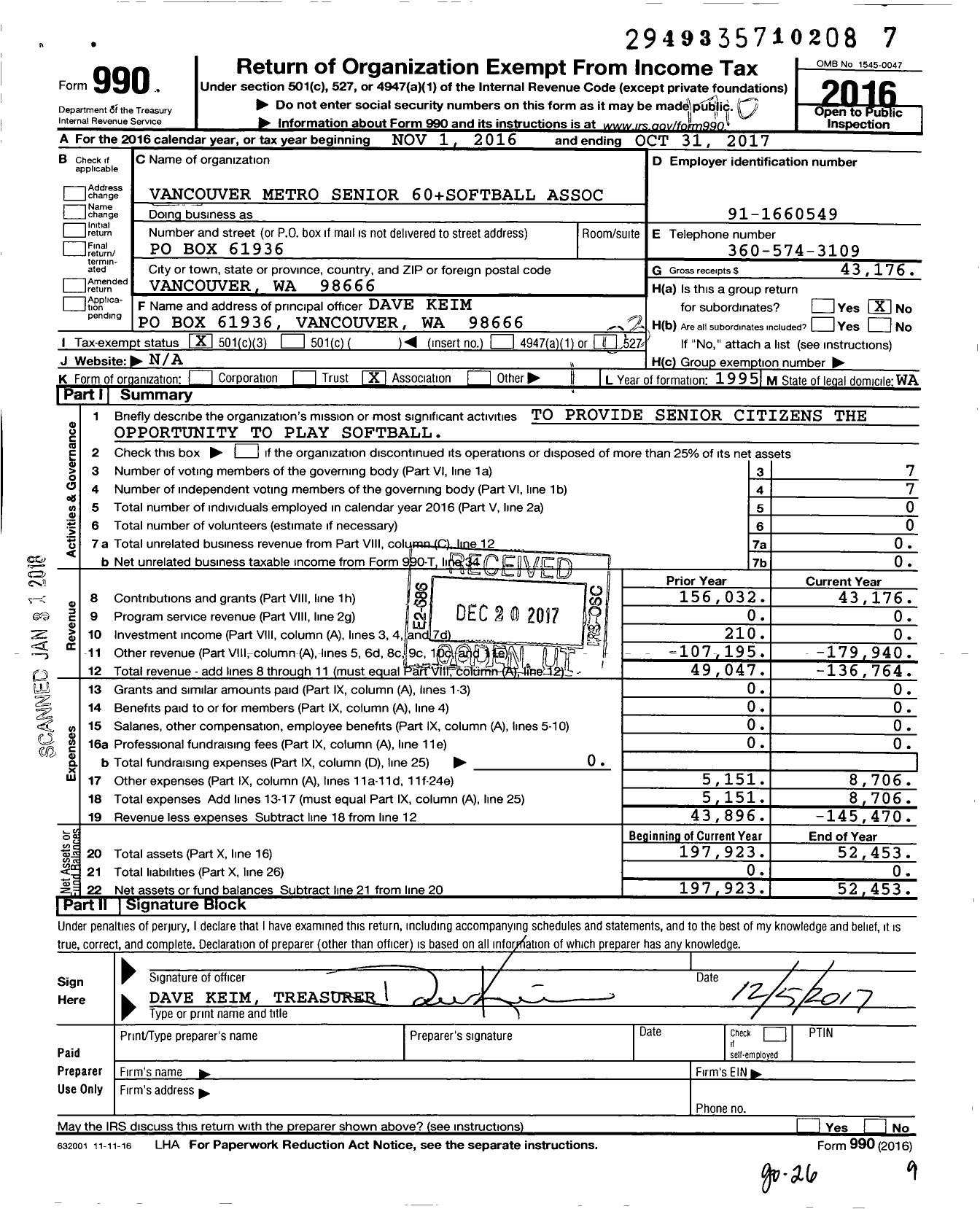 Image of first page of 2016 Form 990 for Vancouver Metro Senior 60 Plus Softball Association