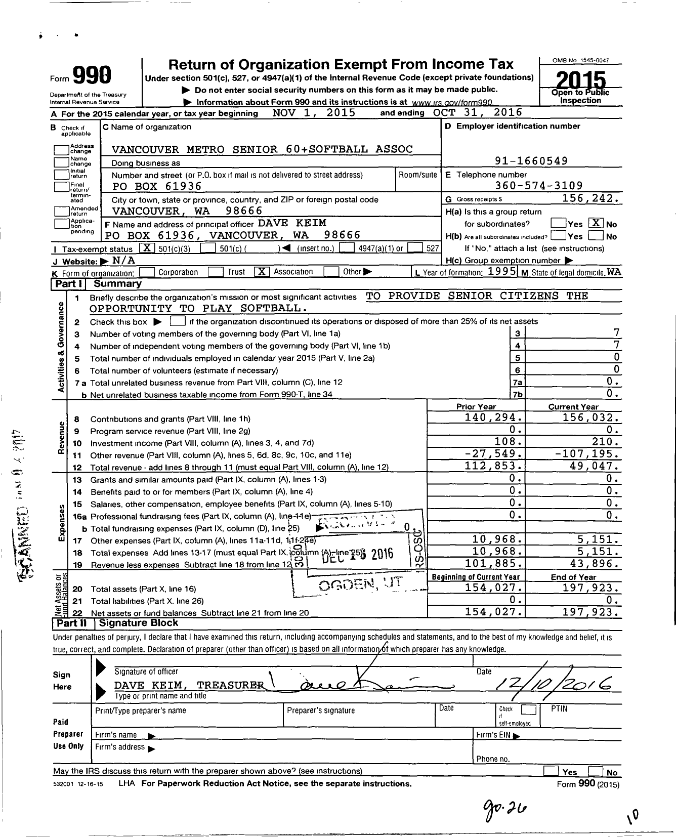 Image of first page of 2015 Form 990 for Vancouver Metro Senior 60 Plus Softball Association