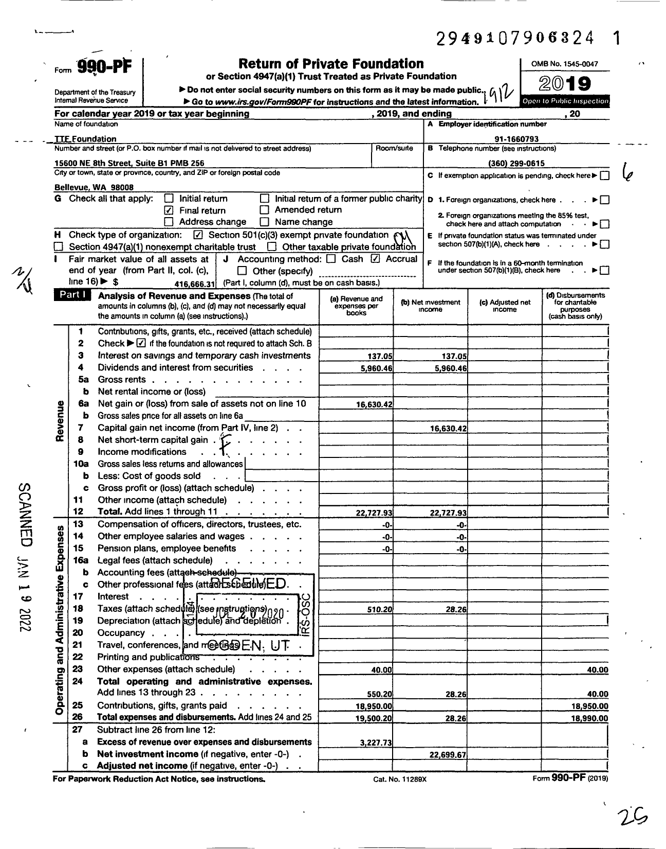 Image of first page of 2019 Form 990PF for TTF Foundation