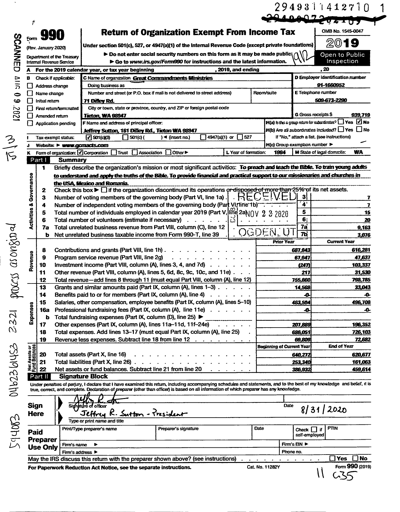 Image of first page of 2019 Form 990 for Great Commandments Ministries