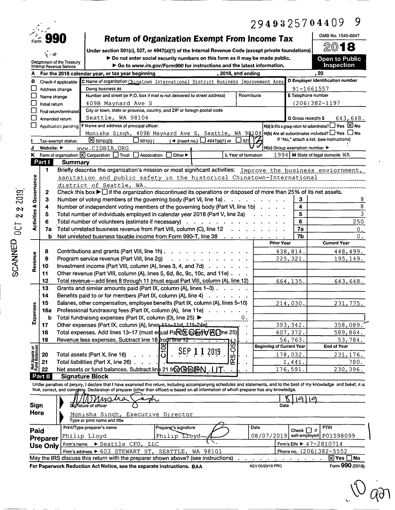 Image of first page of 2018 Form 990 for Chinatown International District Business Improvement Area