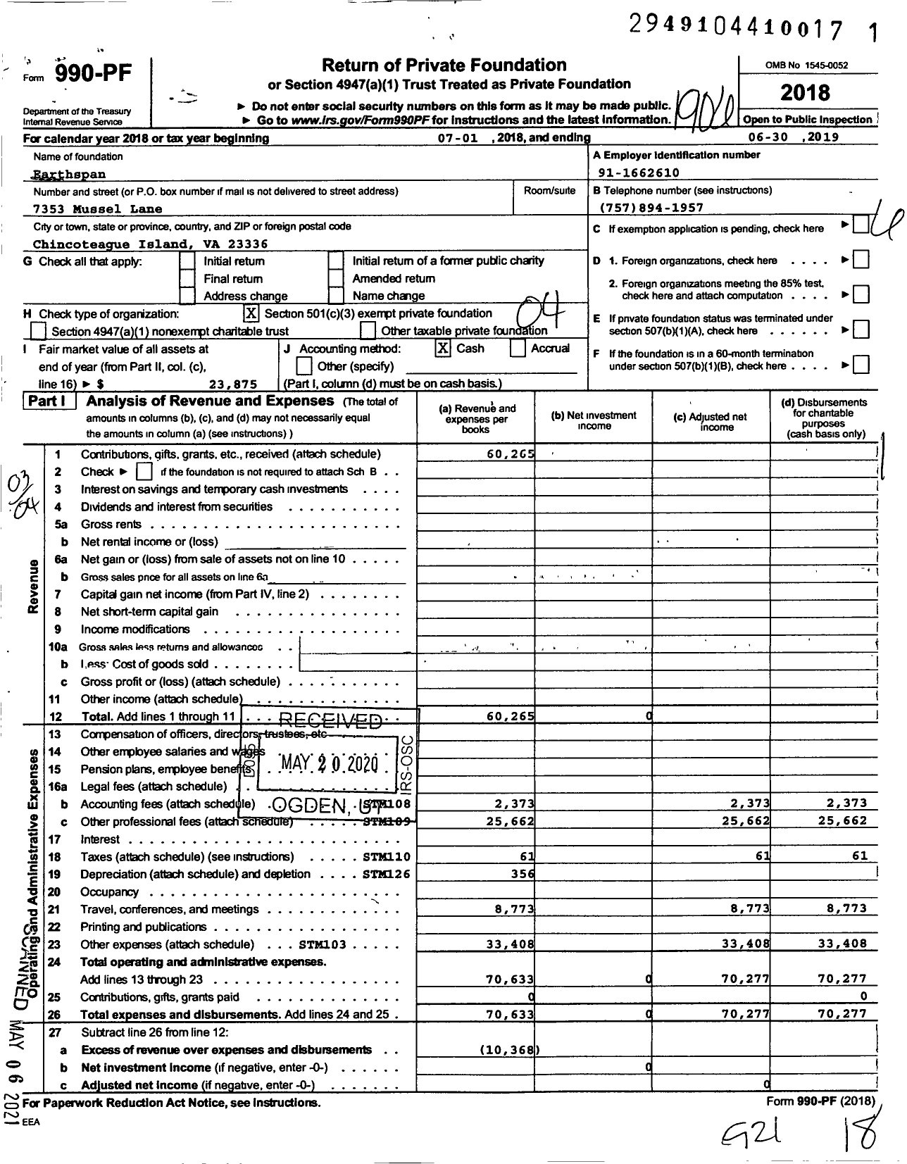 Image of first page of 2018 Form 990PF for Earthspan