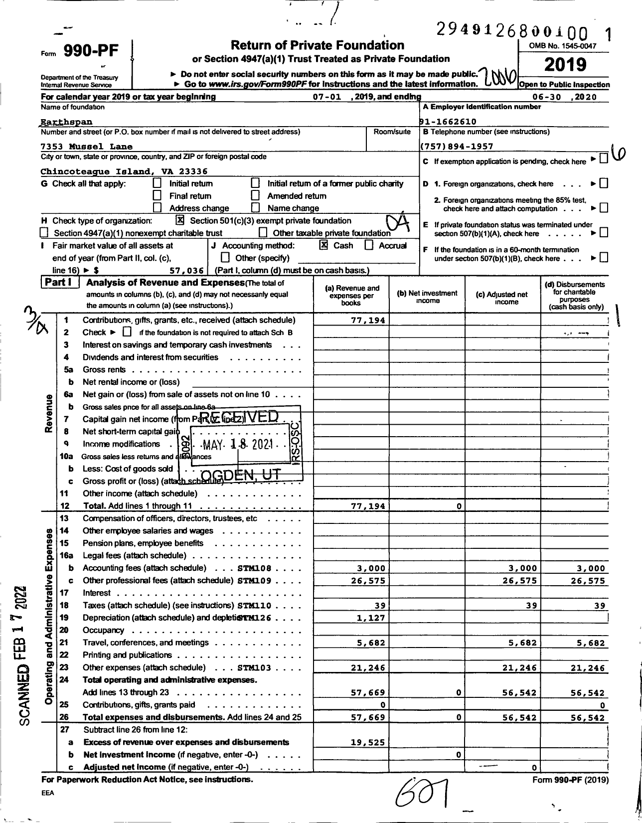 Image of first page of 2019 Form 990PF for Earthspan