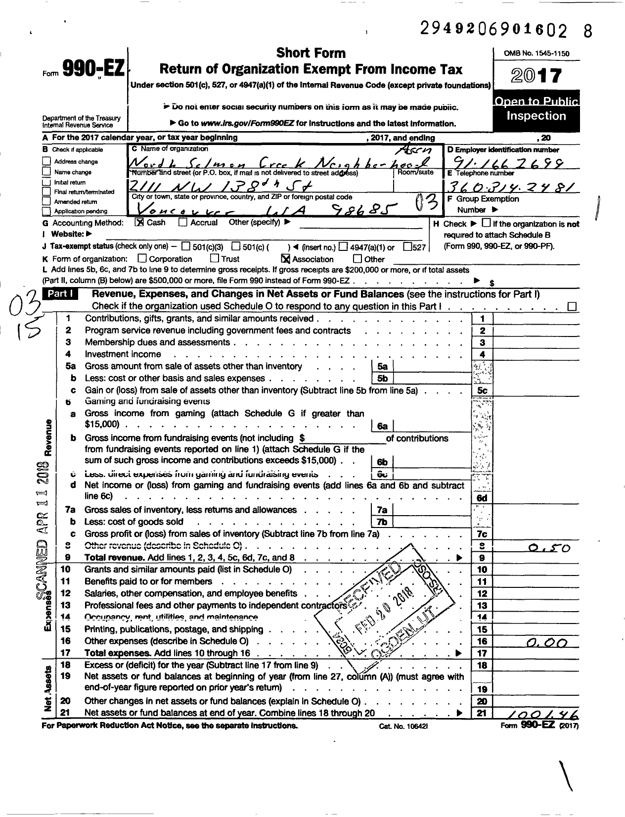 Image of first page of 2017 Form 990EZ for North Salmon Creek Neighborhood Association