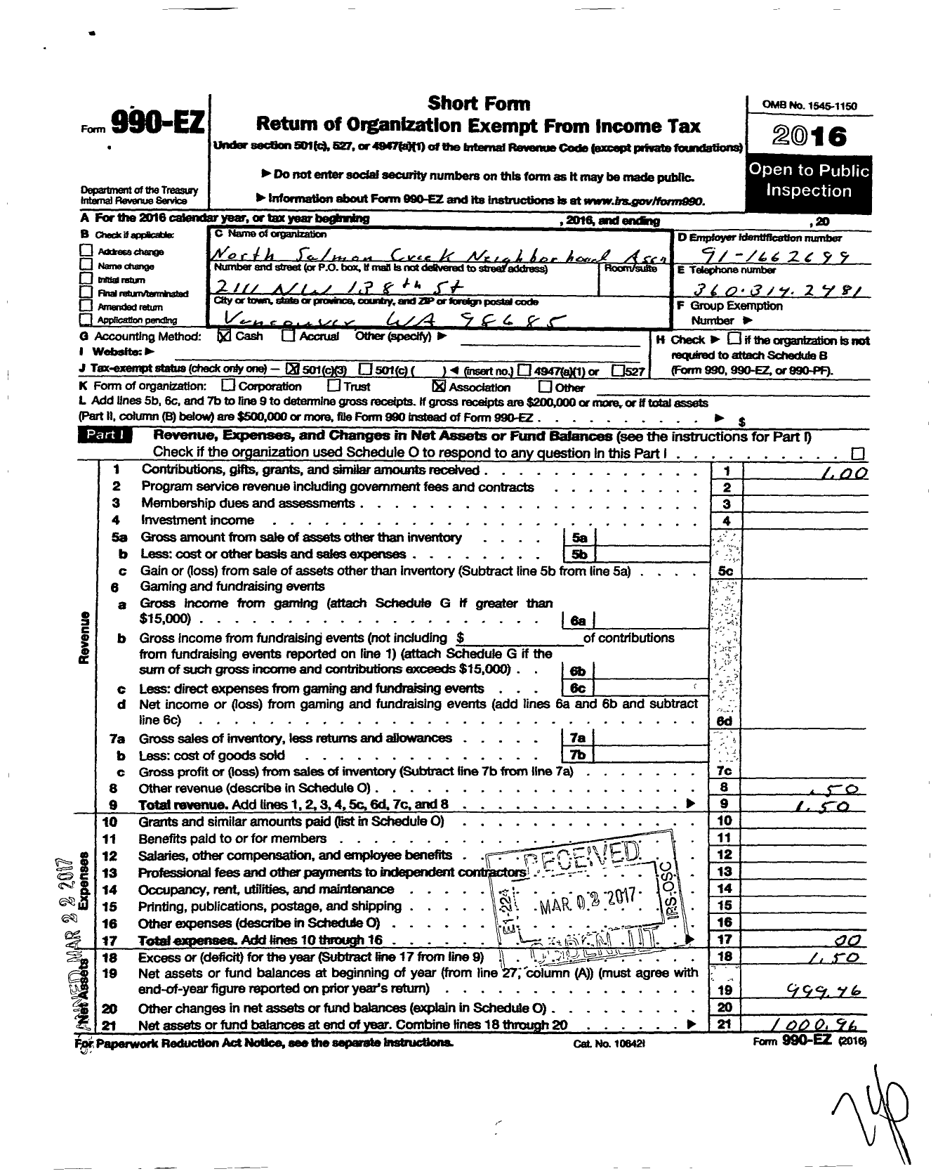 Image of first page of 2016 Form 990EZ for North Salmon Creek Neighborhood Association