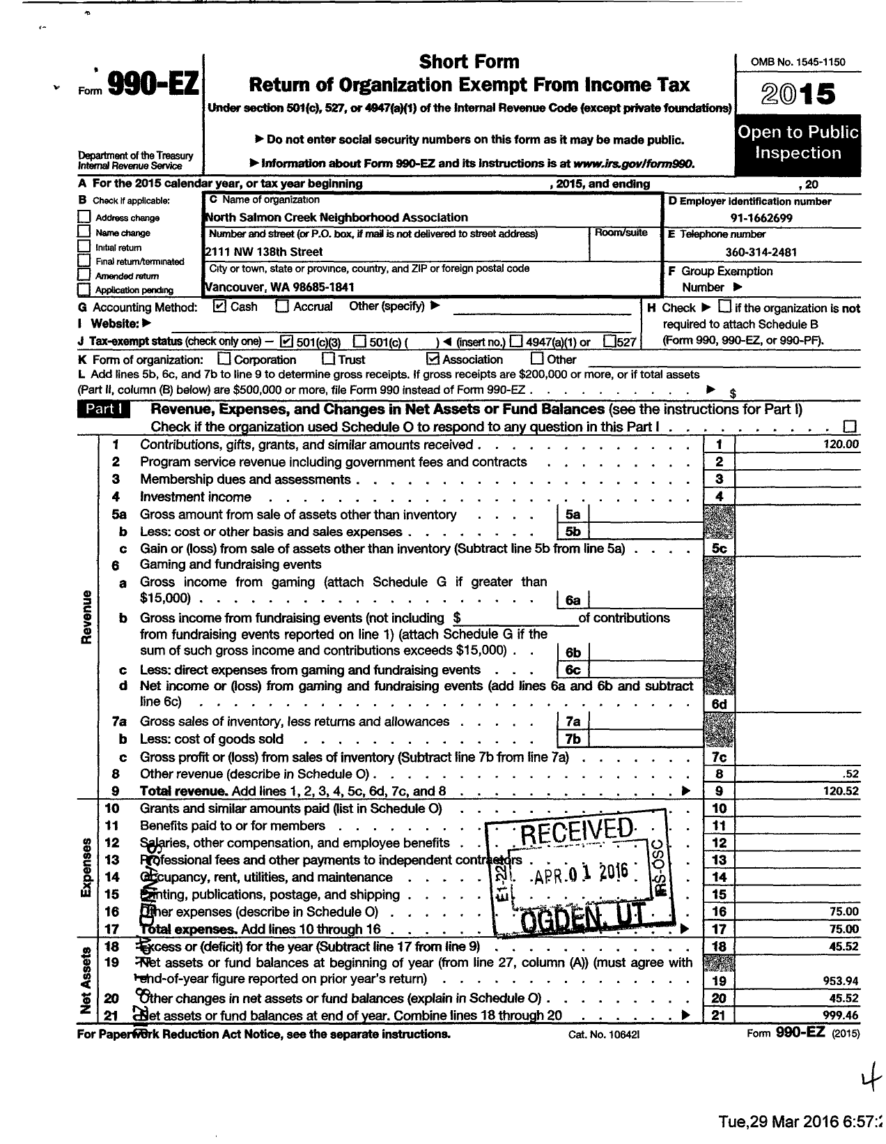 Image of first page of 2015 Form 990EZ for North Salmon Creek Neighborhood Association