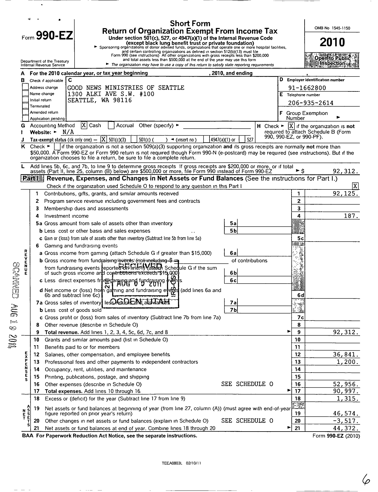 Image of first page of 2010 Form 990EZ for Good News Ministries of Seattle