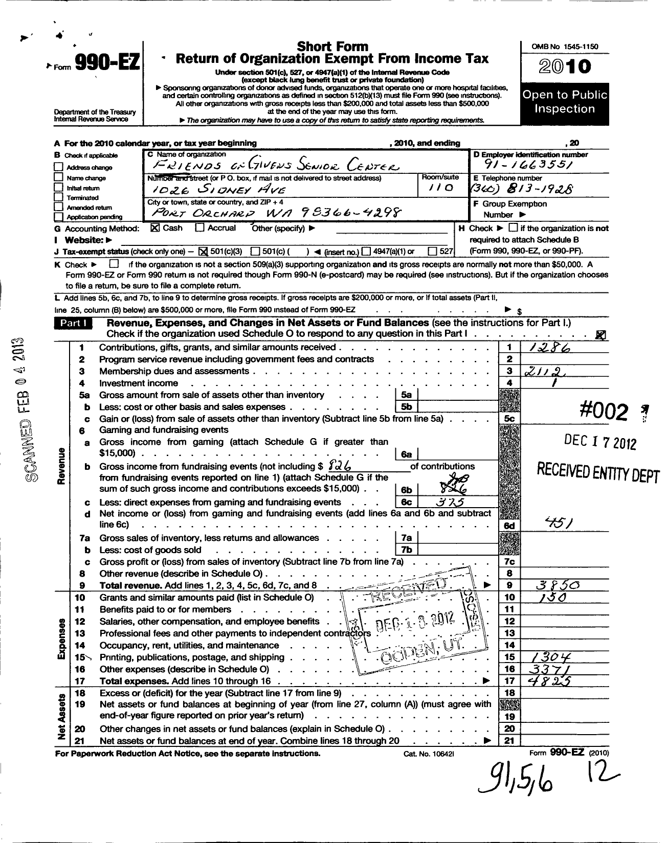 Image of first page of 2010 Form 990EZ for Friends of Givens Senior Center