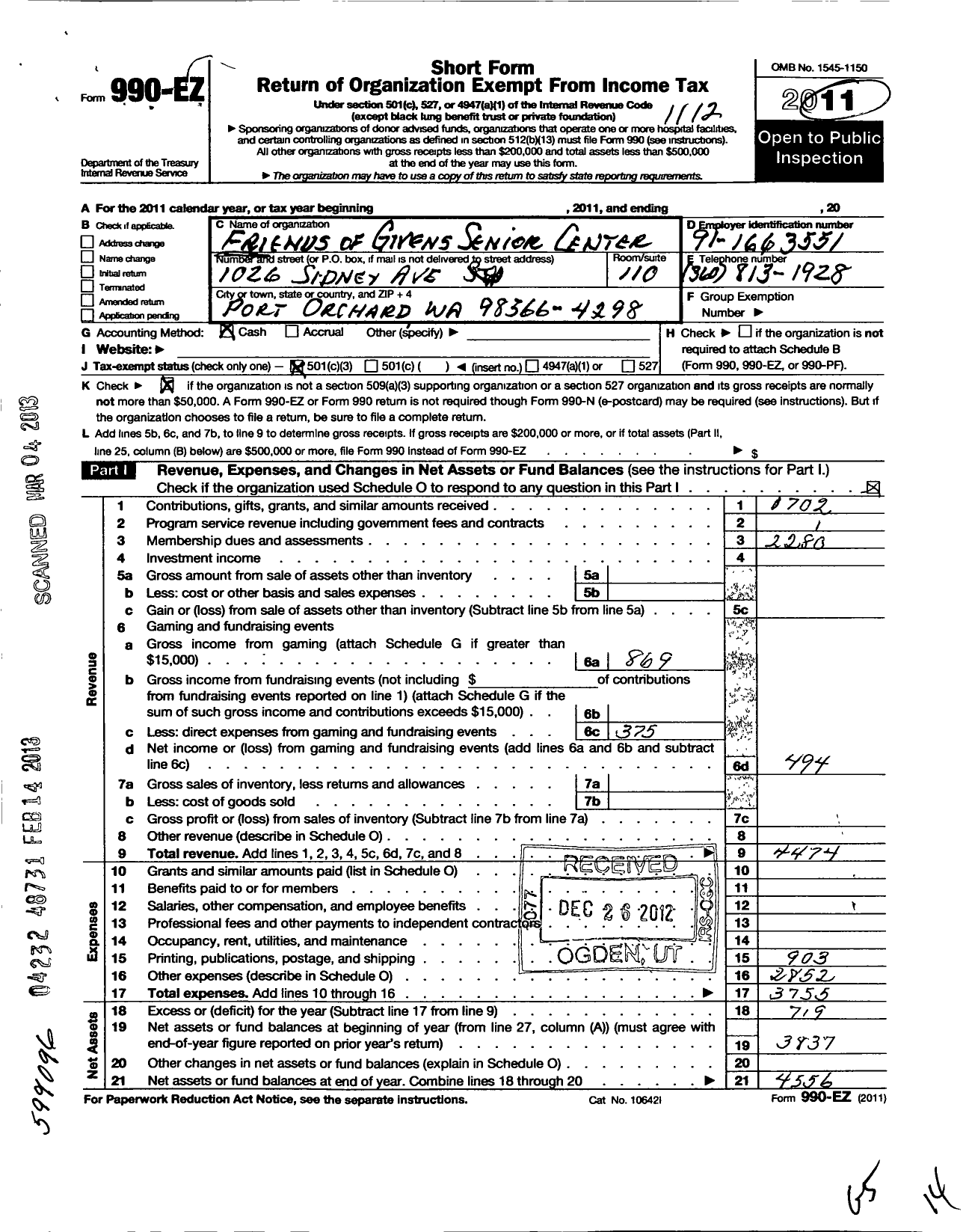 Image of first page of 2011 Form 990 for Friends of Givens Senior Center