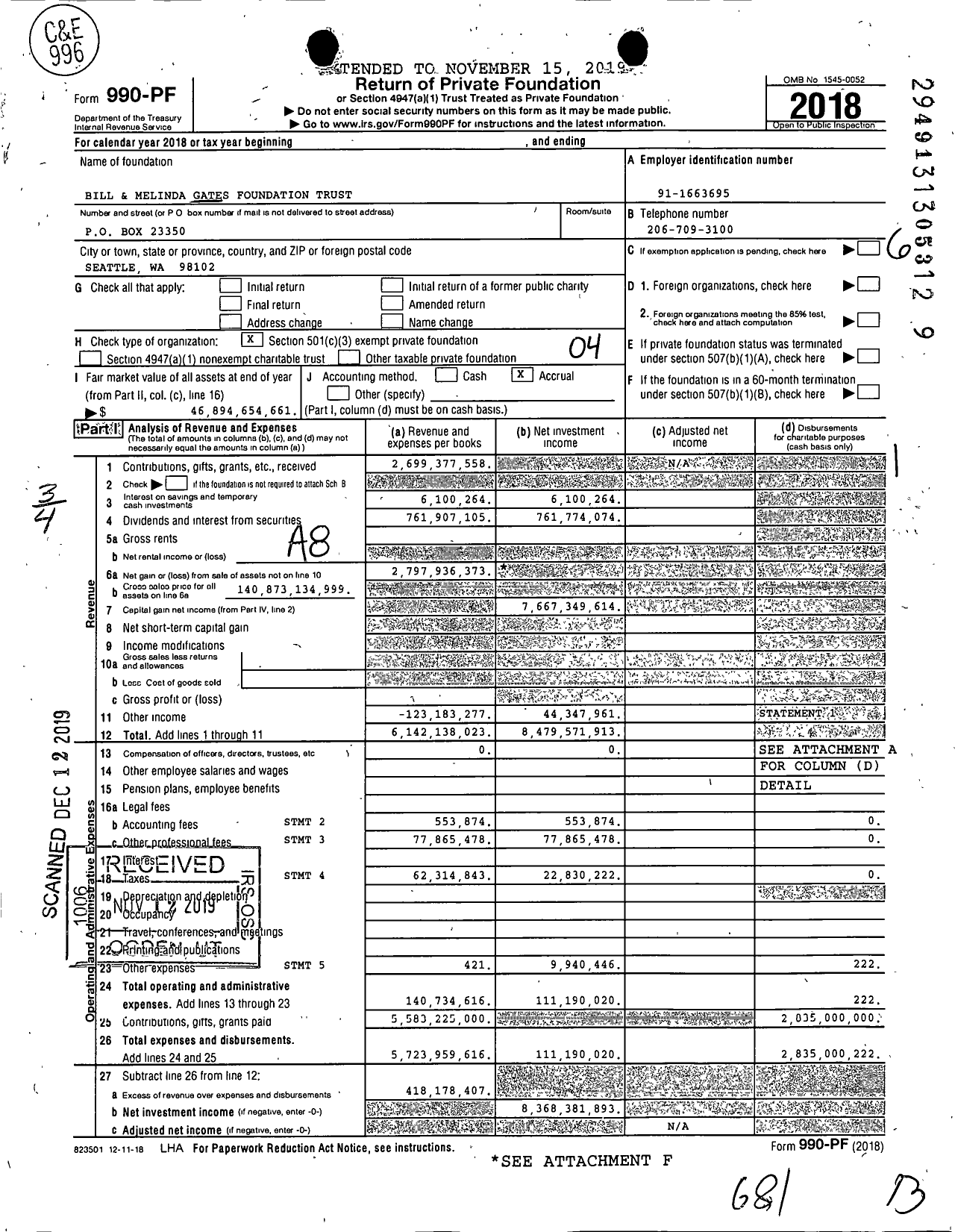 Image of first page of 2018 Form 990PF for Bill and Melinda Gates Foundation Trust