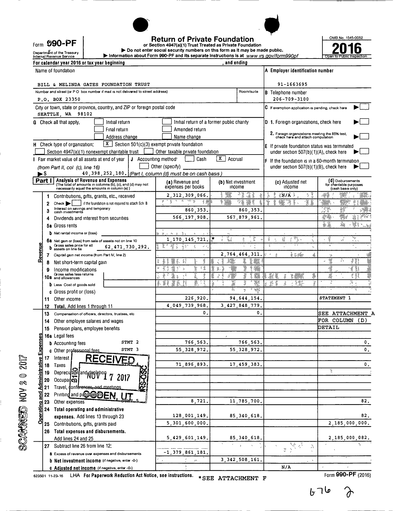 Image of first page of 2016 Form 990PF for Bill and Melinda Gates Foundation Trust
