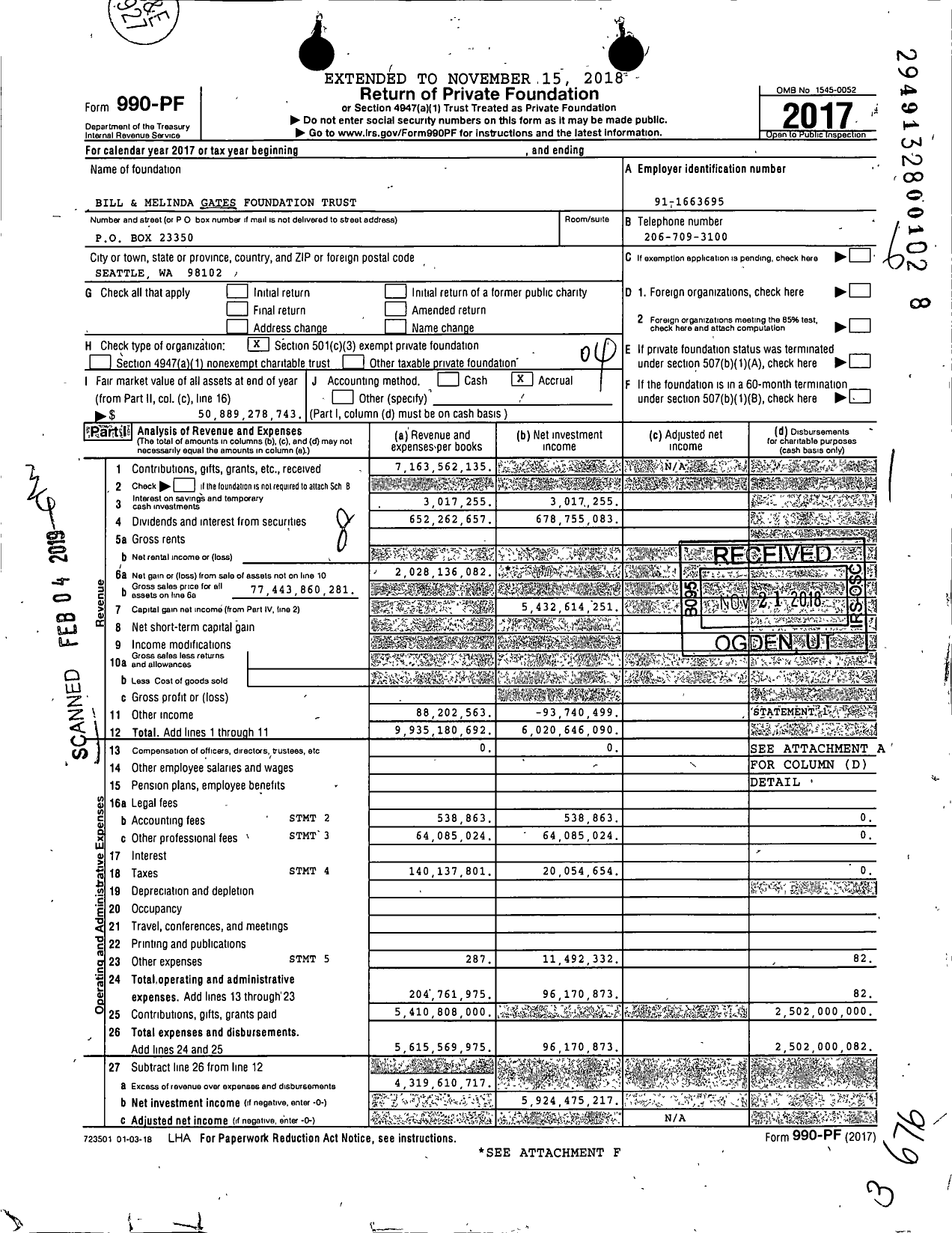Image of first page of 2017 Form 990PF for Bill and Melinda Gates Foundation Trust