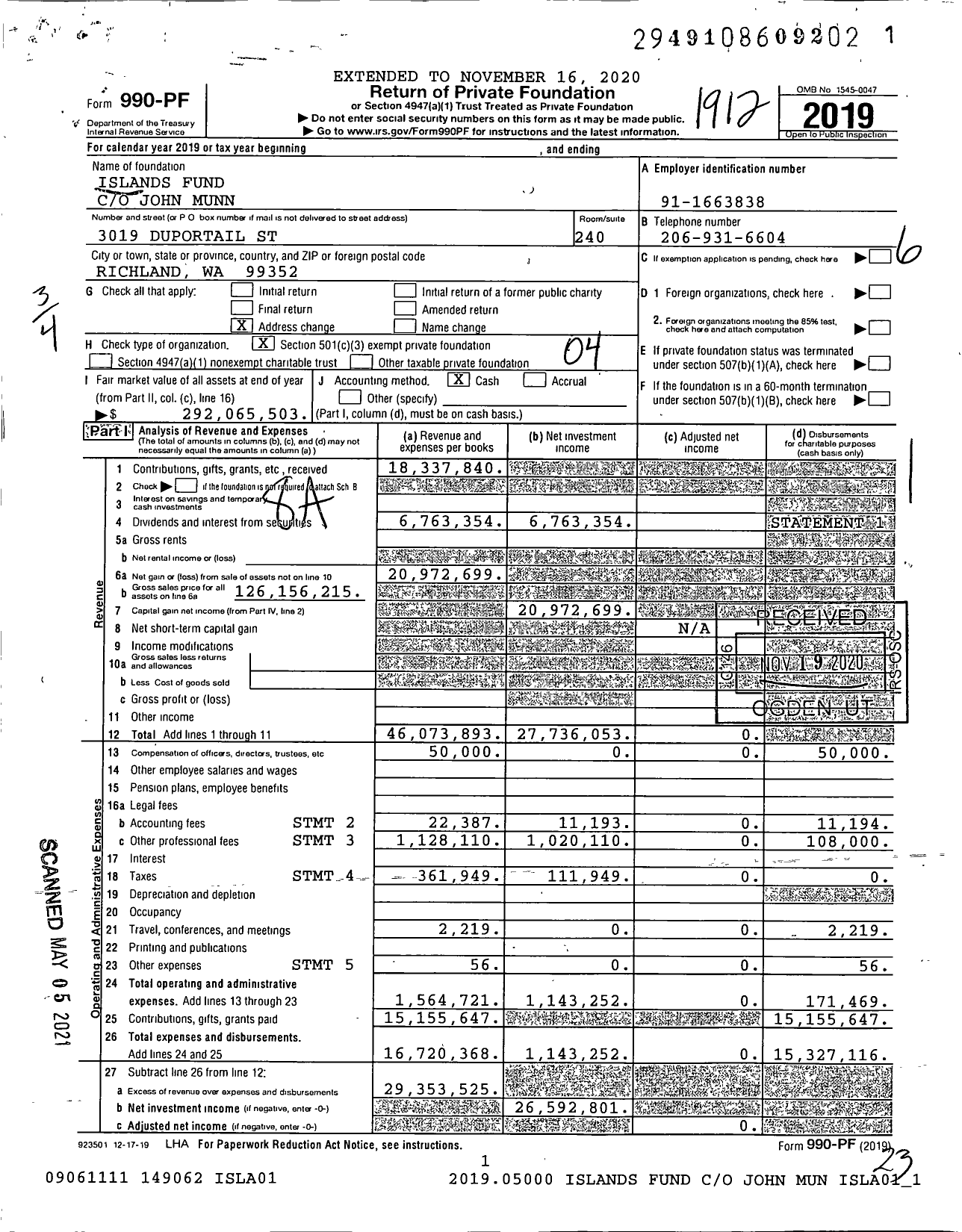 Image of first page of 2019 Form 990PF for Islands Fund