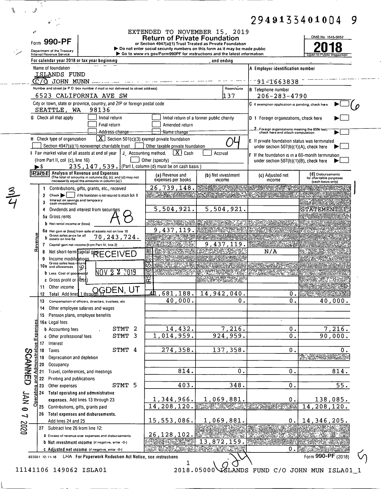 Image of first page of 2018 Form 990PF for Islands Fund