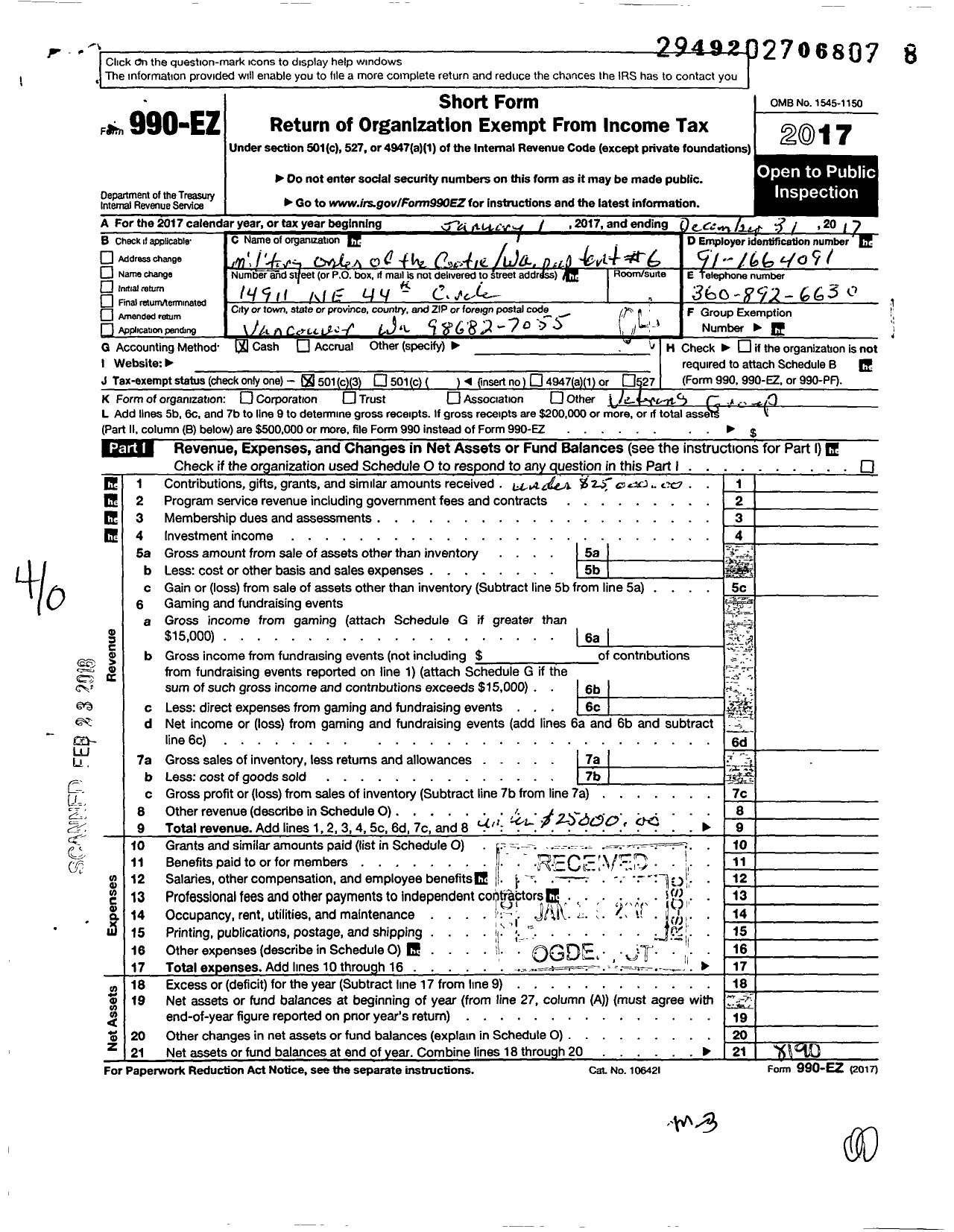 Image of first page of 2017 Form 990EO for Military Order of the Cootie of the United States - 6 Van-Orc Supreme Pup Tent