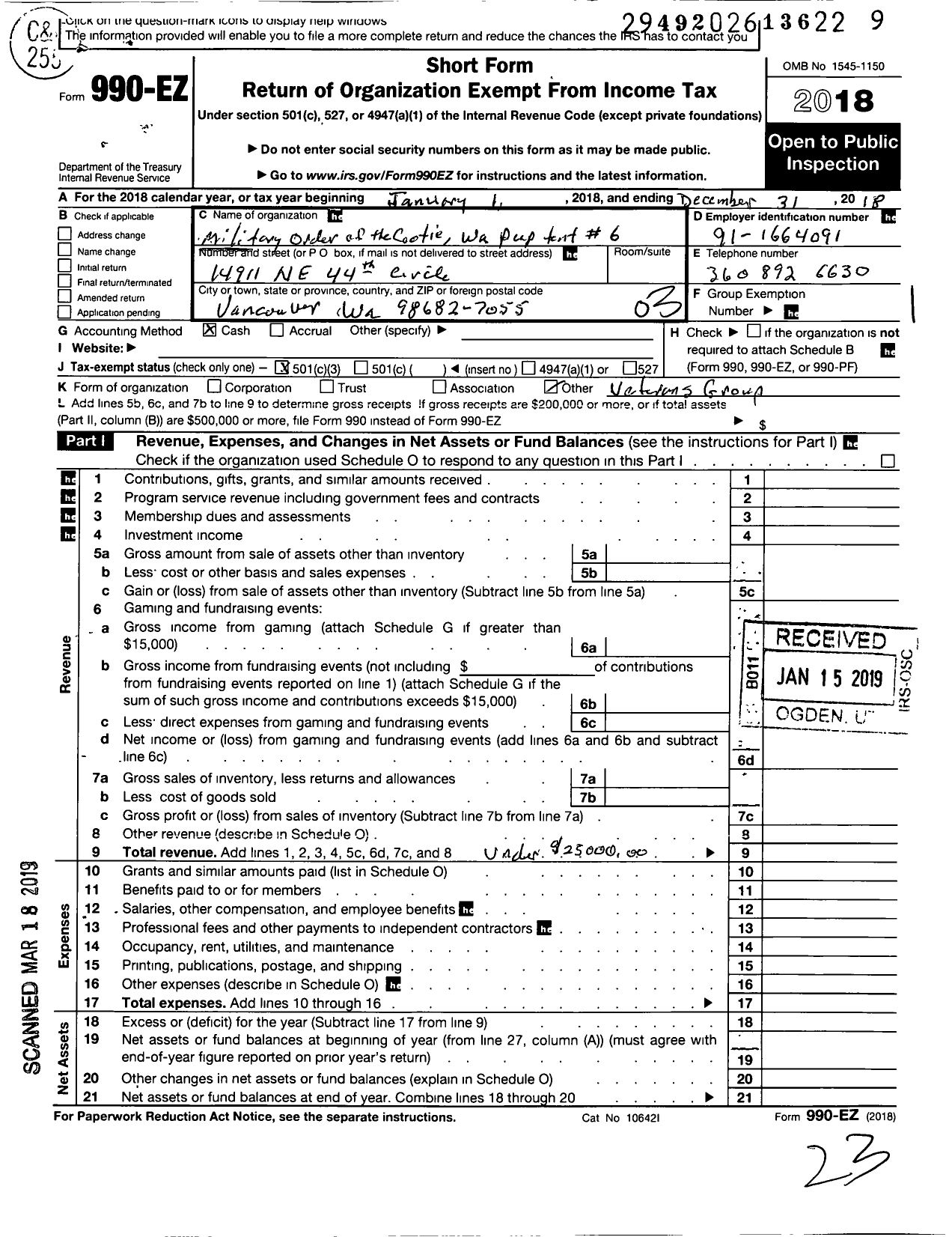 Image of first page of 2018 Form 990EZ for Military Order of the Cootie of the United States - 6 Van-Orc Supreme Pup Tent