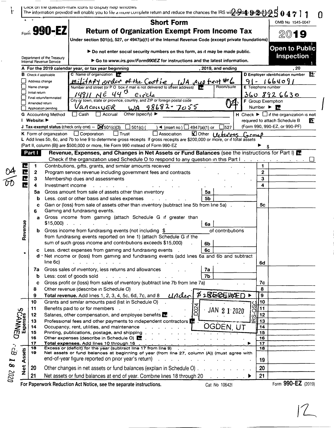 Image of first page of 2019 Form 990EO for Military Order of the Cootie of the United States - 6 Van-Orc Supreme Pup Tent