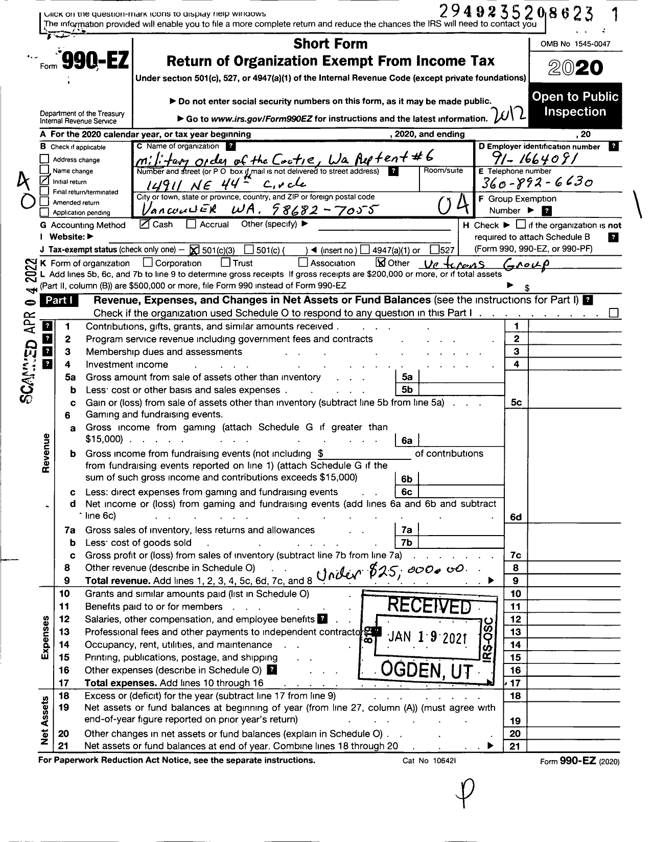 Image of first page of 2020 Form 990EO for Military Order of the Cootie of the United States - 6 Van-Orc Supreme Pup Tent