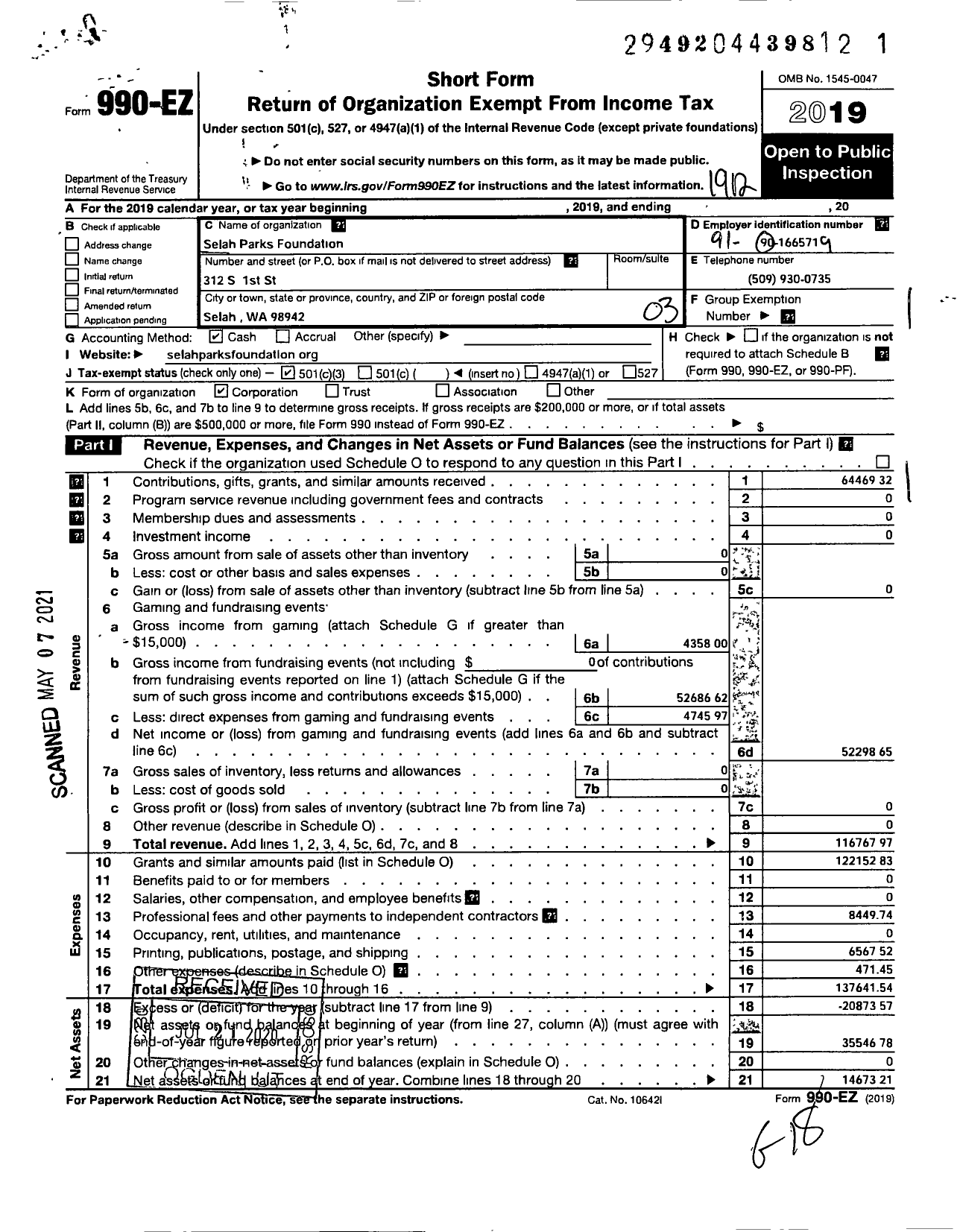 Image of first page of 2019 Form 990EZ for Selah Parks Foundation